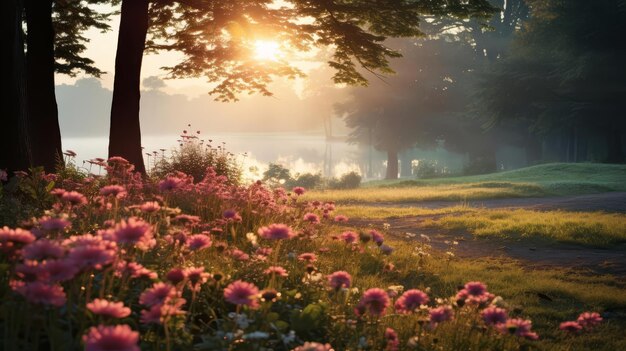 A peaceful meadow at sunrise with dewcovered flowers and soft golden light filtering through trees