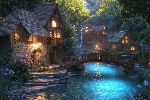 Photo peaceful medieval village by the enchanted river