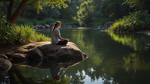 Peaceful meditating figure by the rivers edge