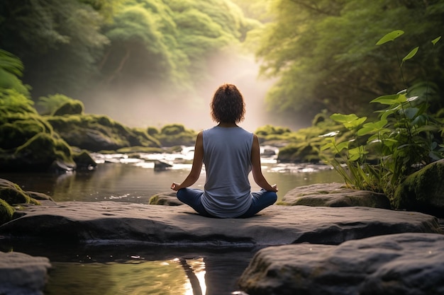 Peaceful meditation by riverside at sunrise