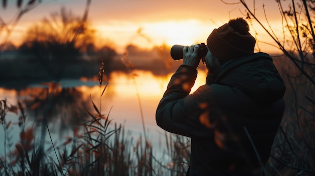 Photo a peaceful moment captured in a nature reserve with a person quietly observing wildlife through binoculars underscoring the beauty of coexisting with nature and the importance of protected areas