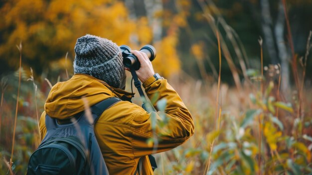 Photo a peaceful moment captured in a nature reserve with a person quietly observing wildlife through binoculars underscoring the beauty of coexisting with nature and the importance of protected areas