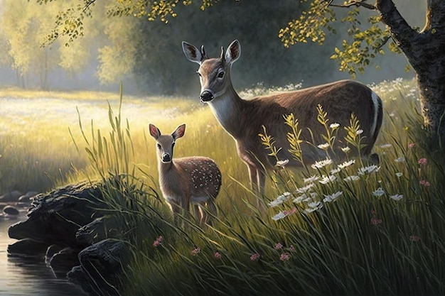 Peaceful moment with deer grazing in the meadow created with generative ai