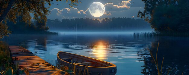 Photo peaceful moonlit lake with boat illustration