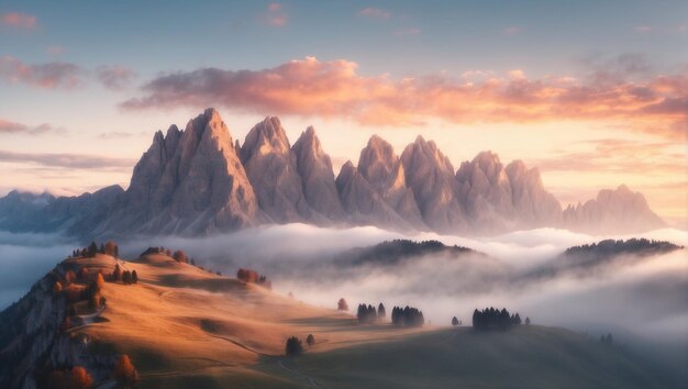 Peaceful morning in nature with fog mountains and sunrise