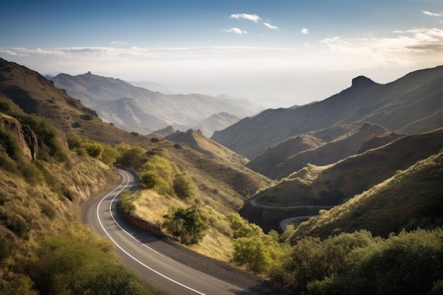 Peaceful mountain view with a winding road and car in the distance created with generative ai