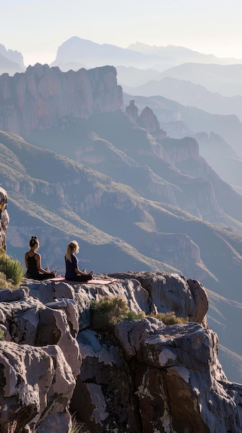 Photo a peaceful mountain yoga retreat with practitioners meditating on a cliff