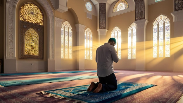 Peaceful Muslim Prayer in a Sunlit Mosque Muslim doing pray Namaz in masjid