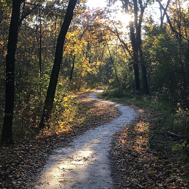 Photo peaceful nature trail autumn foliage and soft sunlight