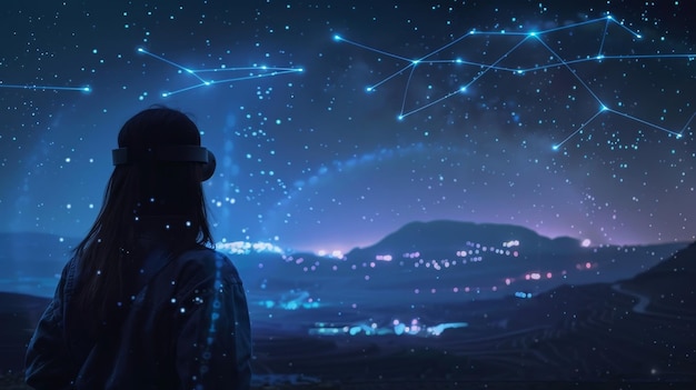 A peaceful night scene with a person using an augmented reality app to see a meteor shower