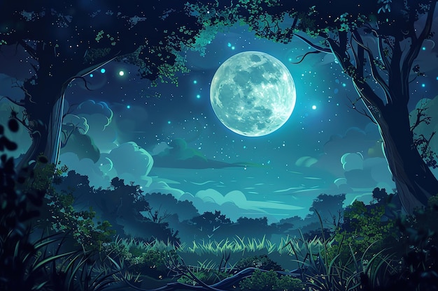 Peaceful night scene with round moon and quiet forest view