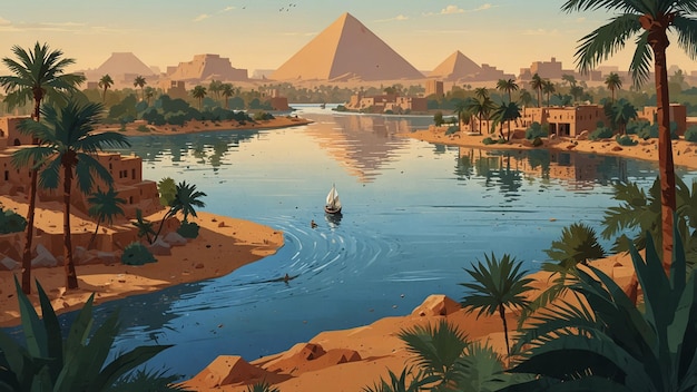 Photo peaceful nile river scene with ancient egyptian pyramids and lush palm trees