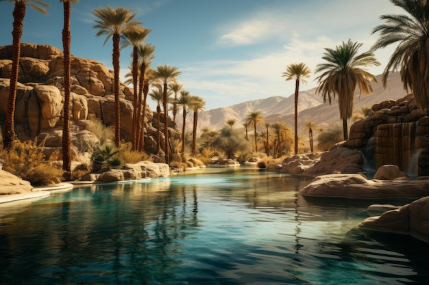 Peaceful Oasis with Palm Trees and a Sparkling Pool Generative AI