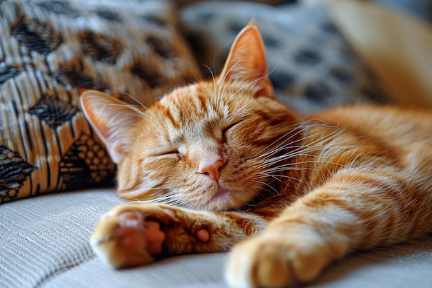 Peaceful Orange Tabby Cat Sleeping Soundly on a Cozy Sofa