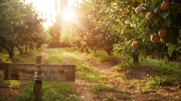 Photo peaceful orchard scene with ripe apples and wooden sign