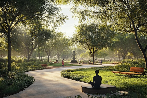 Photo peaceful park pathway with benches and lush greenery