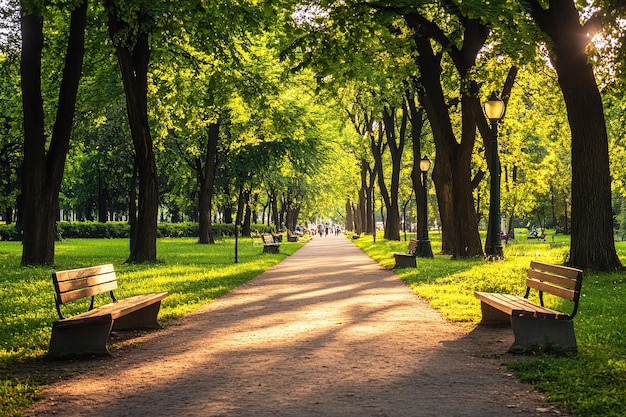 Photo peaceful park pathway with benches and lush greenery