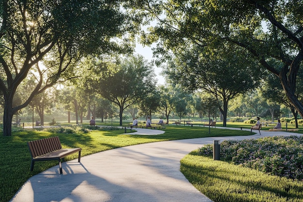 Photo peaceful park pathway with benches and lush greenery