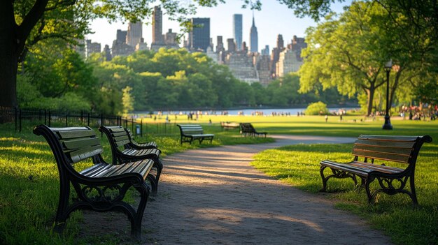 Photo peaceful park pathway with city skyline