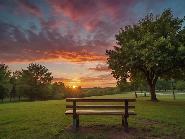 Photo a peaceful park scene with a wooden bench in the foreground