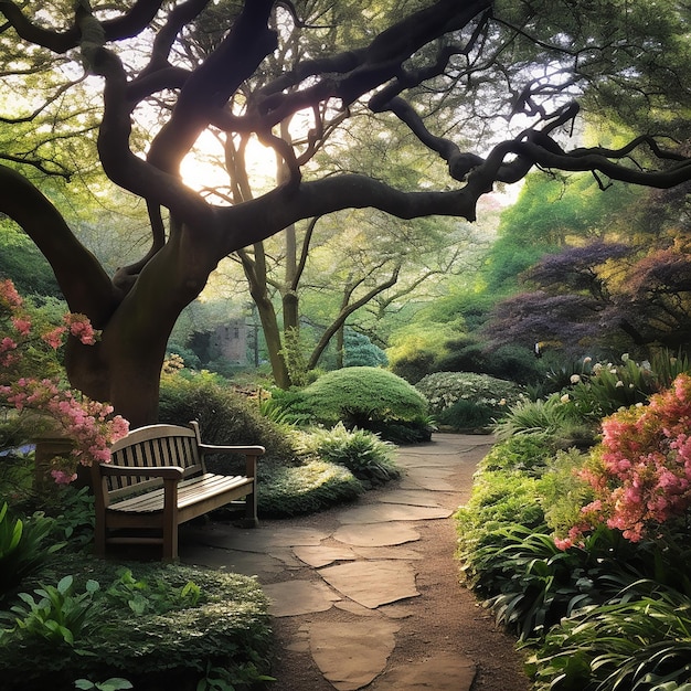 A peaceful park with a walking path with a clean secluded bench filled with various trees and flower