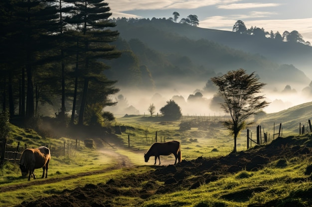 Peaceful Pasture with Grazing Horses and Cows Generative AI