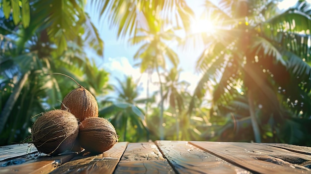 Photo peaceful podium with coconuts in gentle afternoon light ai generated illustration