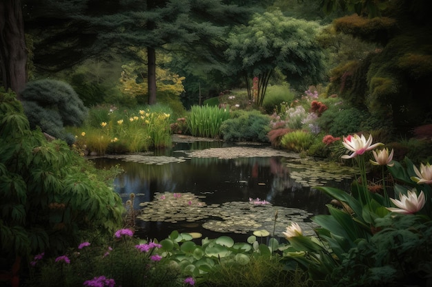 Peaceful pond surrounded by lush plants and blooming flowers