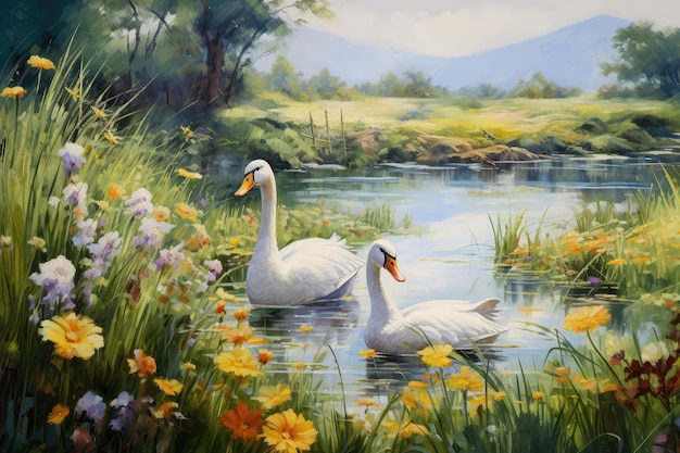 Peaceful Pond With Ducks And Geese Swimming Amidst Tall Grasses And Water Lilies Generative AI