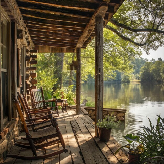 Photo peaceful porch overlooking a tranquil lake