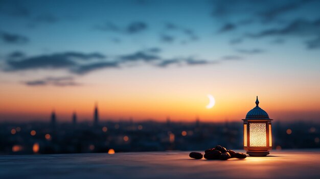 Photo peaceful ramadan night with crescent moon shining above