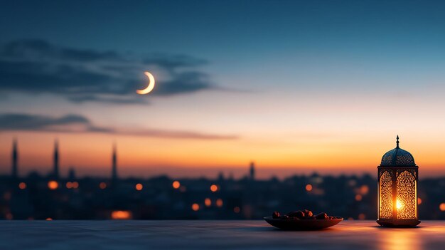 Photo peaceful ramadan night with crescent moon shining above