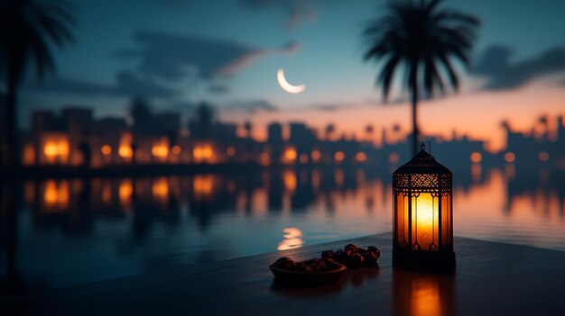 Peaceful Ramadan Night with Crescent Moon Shining Above