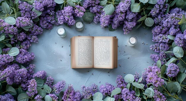 Peaceful Reading Scene with Purple Flowers and Candles