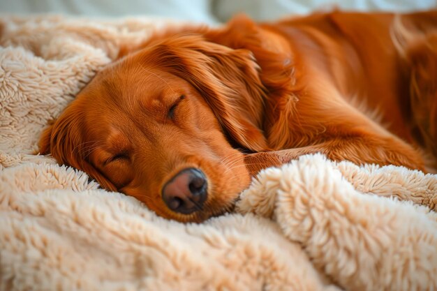 Peaceful Red Golden Retriever Dog Napping Comfortably on Fluffy White Blanket