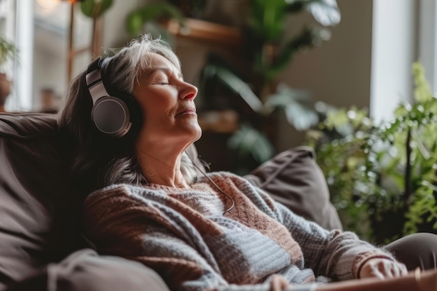 Photo a peaceful and relaxed senior middle age woman listening to online music in headphones while lounging