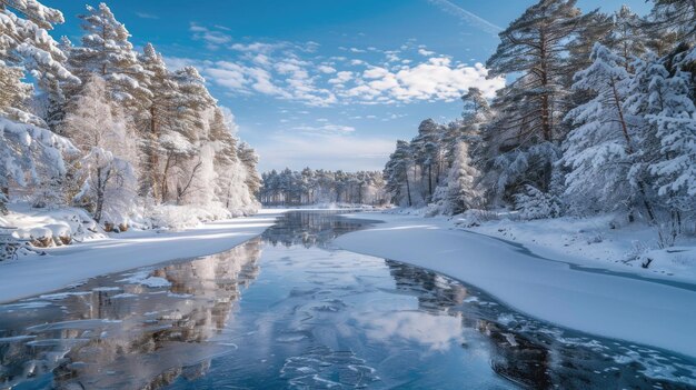 A peaceful river flowing through a snowy forest