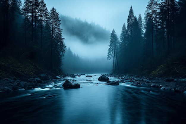 A peaceful river with a foggy background