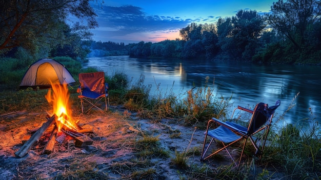 Peaceful riverside campsite illuminated by the flickering light of campfire