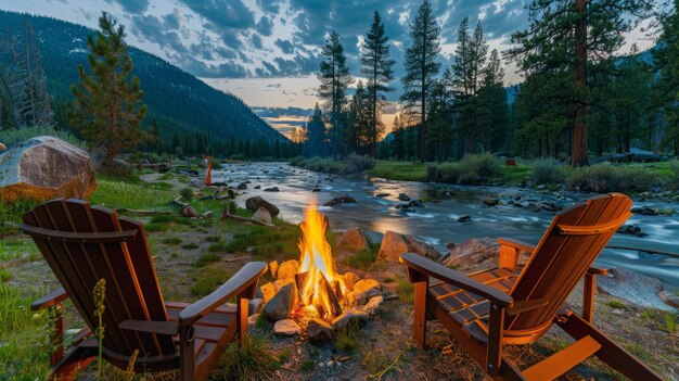 Peaceful riverside campsite illuminated by the flickering light of campfire