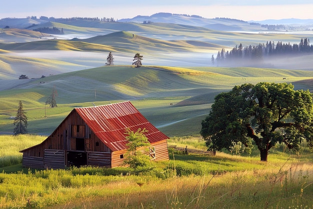 Peaceful rural countryside desktop wallpaper featuring barns and hills