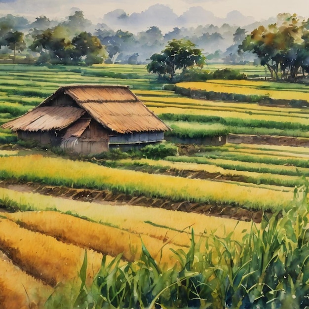 A peaceful rural landscape with a green field and a solitary tree