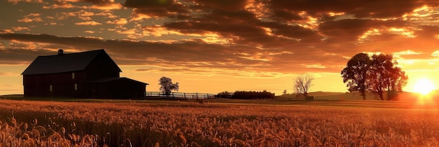 Photo a peaceful rural scene featuring a farmhouse silhouetted against a fiery sunset sky this idyllic setting is perfect for agritourism and farm product promotions generative ai