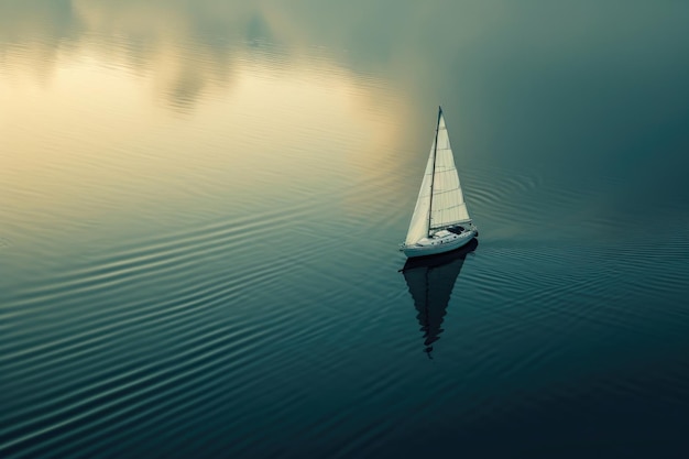 A peaceful sailboat gently floats on the tranquil surface of a calm and still lake A boat sailing alone on smooth water AI Generated