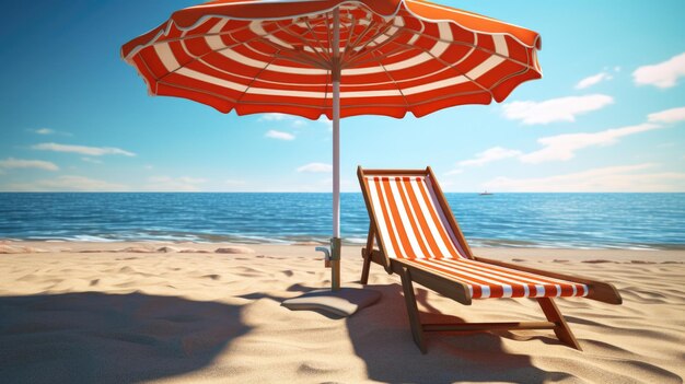 A peaceful scene of a beach chair and umbrella on the sandy shore Suitable for travel brochures or vacation advertisements