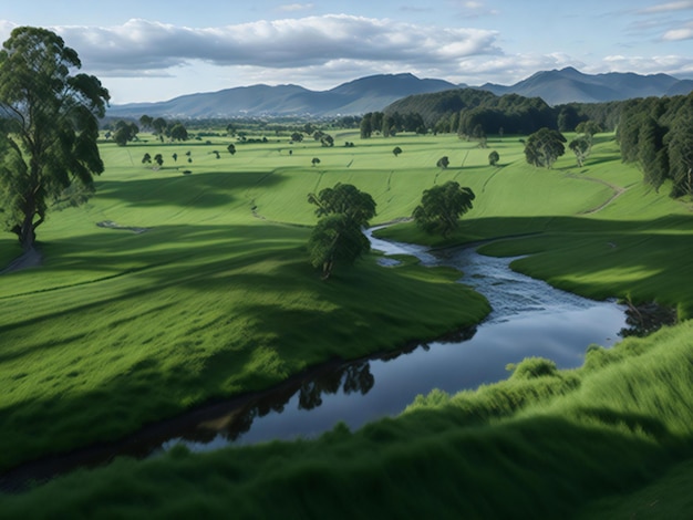 A peaceful scene of a grassy meadow surrounded by a variety of trees river