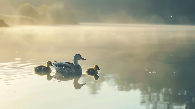 Photo peaceful scene mother duck and ducklings swimming on a misty lake at sunrise