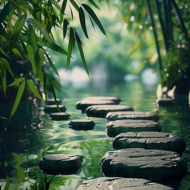 Peaceful Scene of Stepping Stones on Water