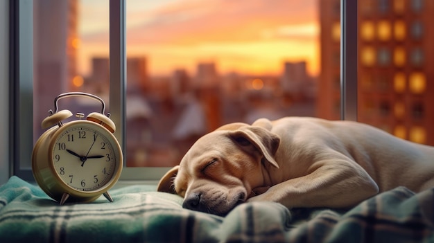 A peaceful scene unfolds as a labrador dog sleeps soundly next to an alarm clock on a cozy bed in an apartment capturing relaxation and tranquility generated ai