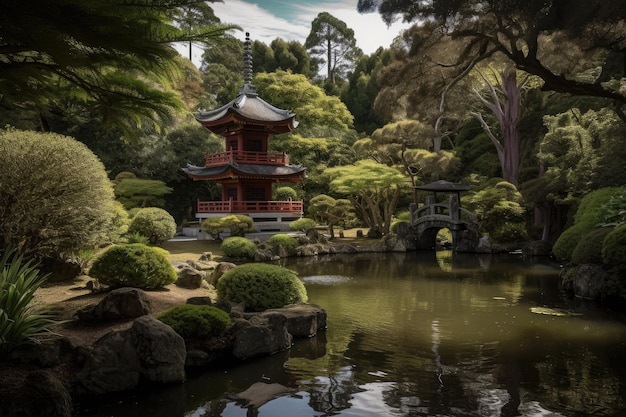 Peaceful scene with pagoda in the background and stream flowing nearby created with generative ai